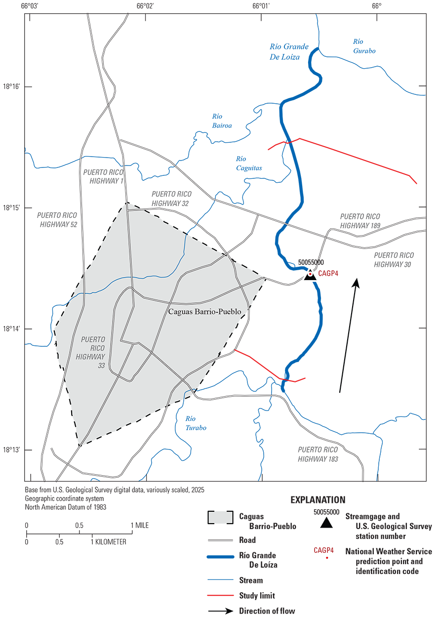 The study area is in the municipality of Caguas, Puerto Rico. Río Grande De Loíza
                        flows from south to north. Streamgage 50055000 is just south of the middle of the
                        study area.