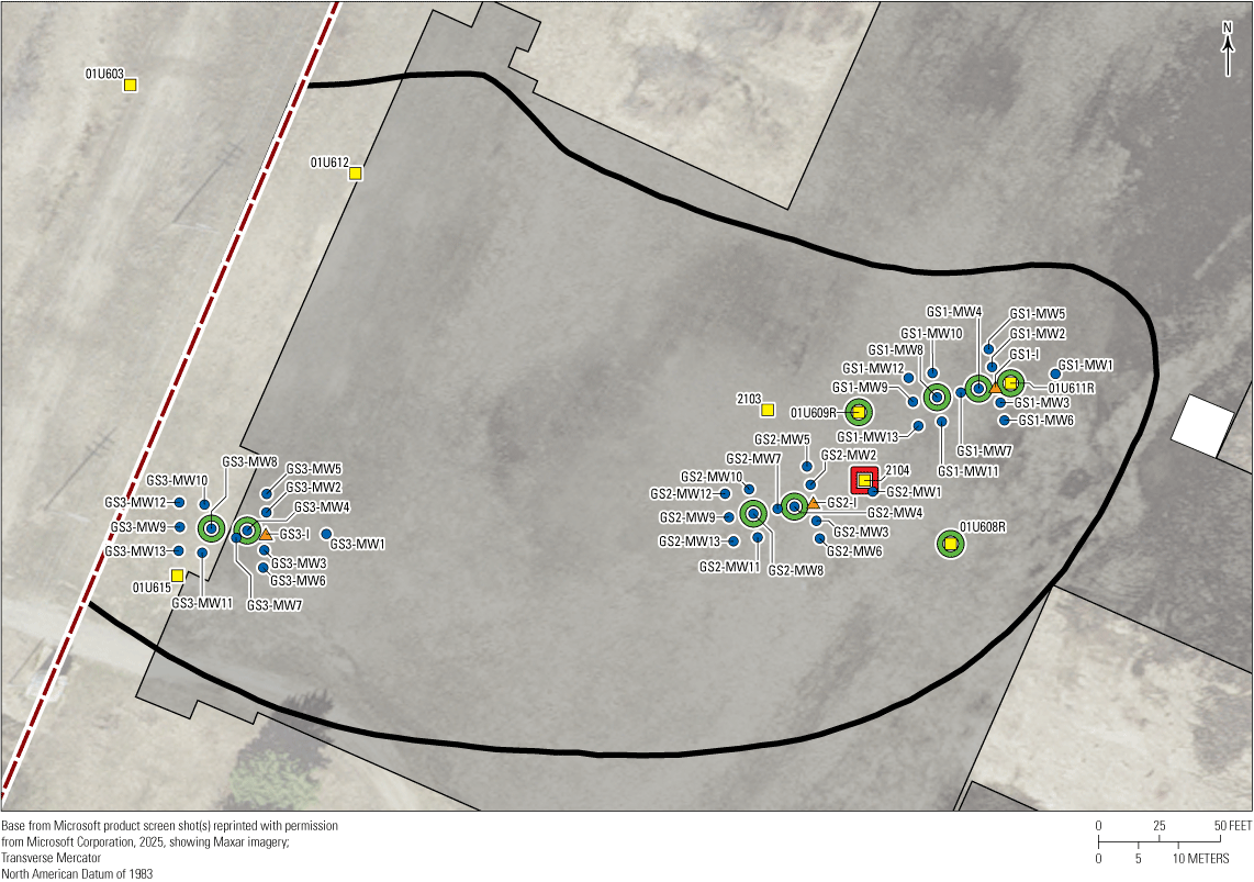 All pilot test wells are within the TCE plume limit. A rain gage is between GS1 and
GS2.
