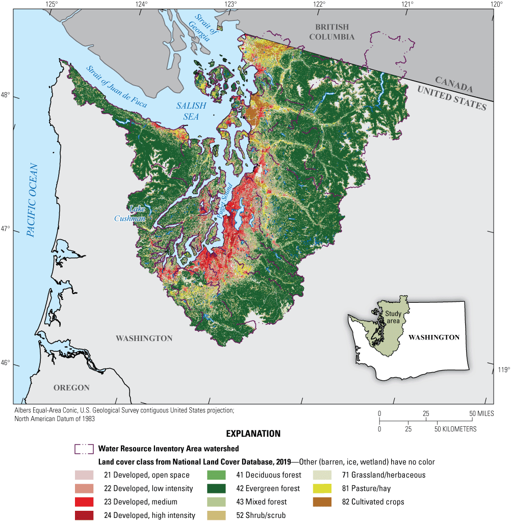 Map of dominant land cover throughout the Puget Sound region with high densities of
               agricultural in valleys and urban near coasts.