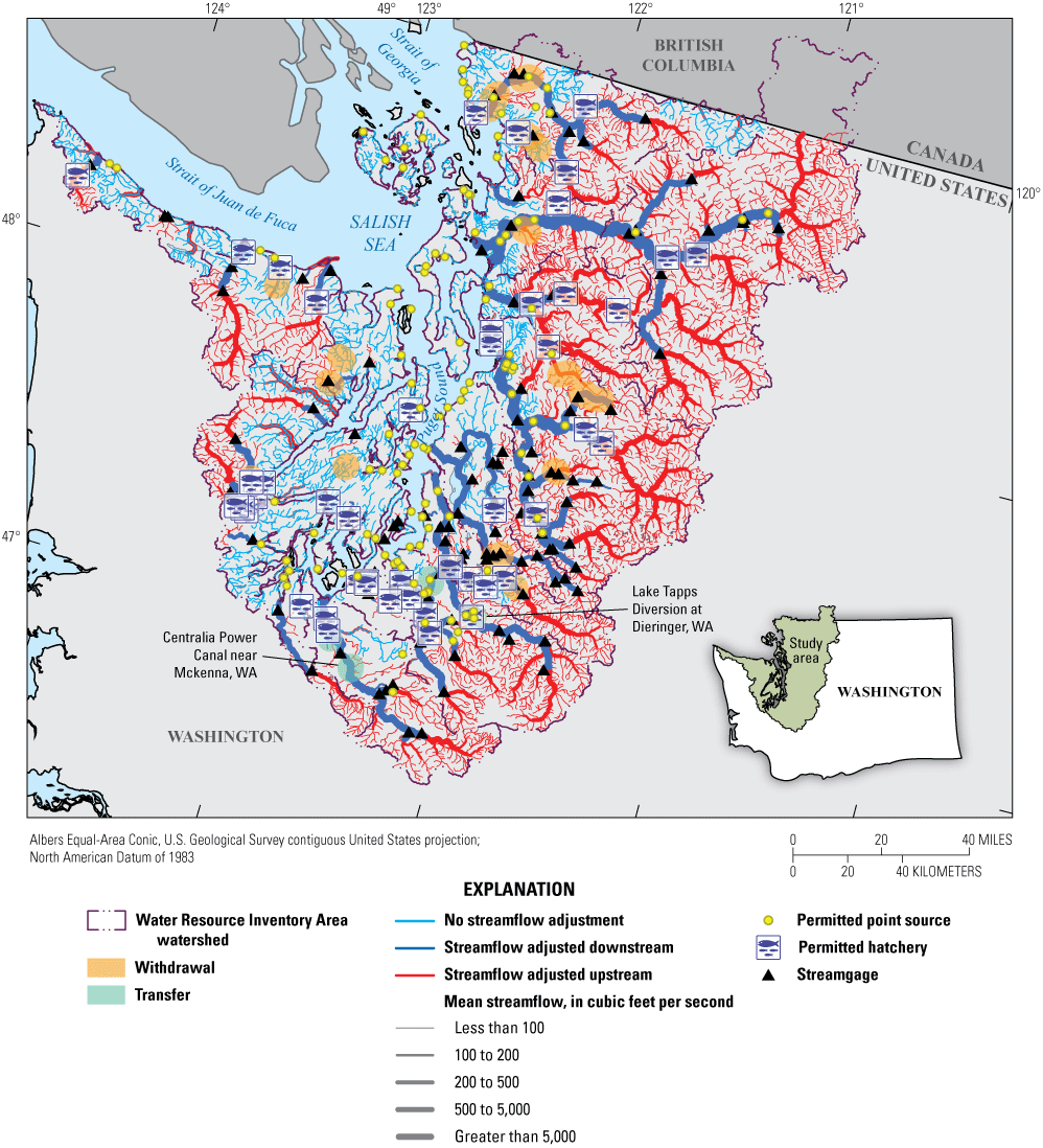 Map of the stream network that indicates there are several diversions, point sources,
               and measurement locations that improve model simulations.
