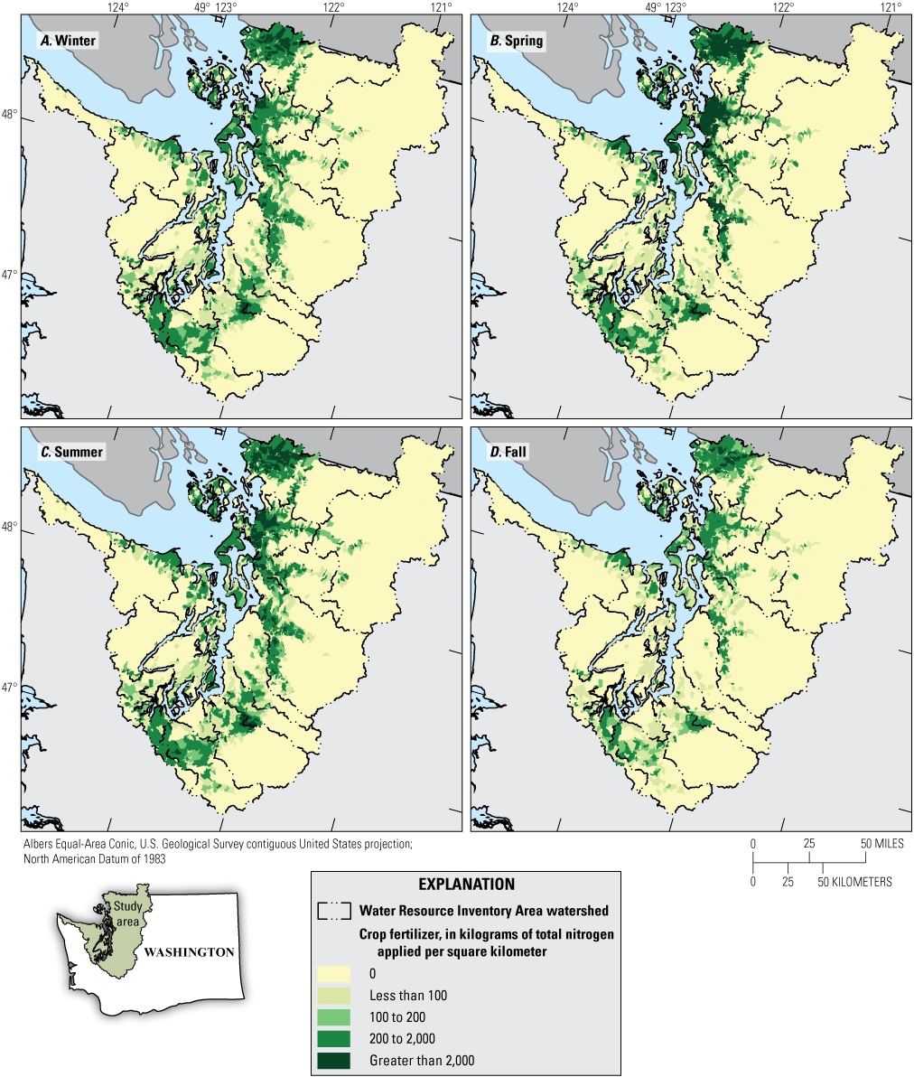 Seasonal maps showing total nitrogen in crop fertilizer applied to farm fields is
               highest in spring and summer.