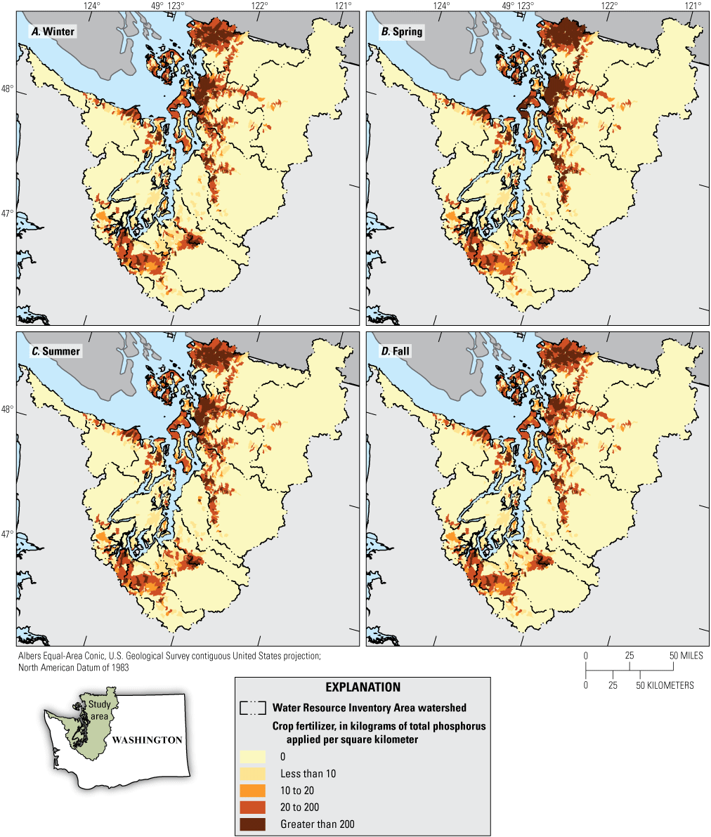 Seasonal maps showing total phosphorus in crop fertilizer applied to farm fields is
               highest in spring and summer.