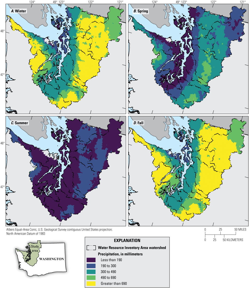 Seasonal maps showing precipitation is highest in winter and fall with some slight
               spatial variation throughout the Puget Sound region.