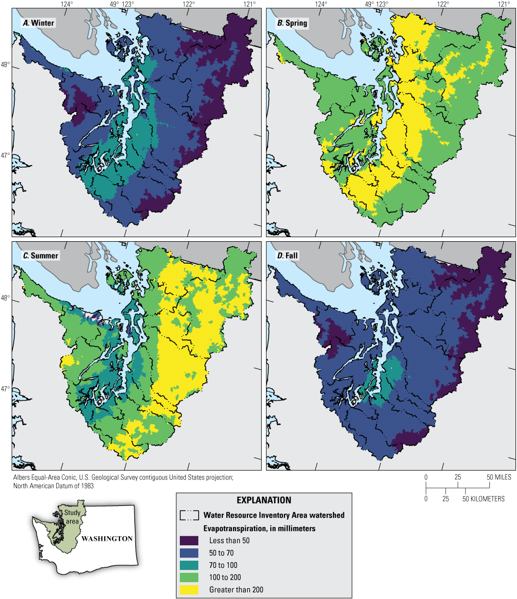 Seasonal maps showing evapotranspiration is highest in spring and summer with the
               highest values near coasts throughout the Puget Sound region.