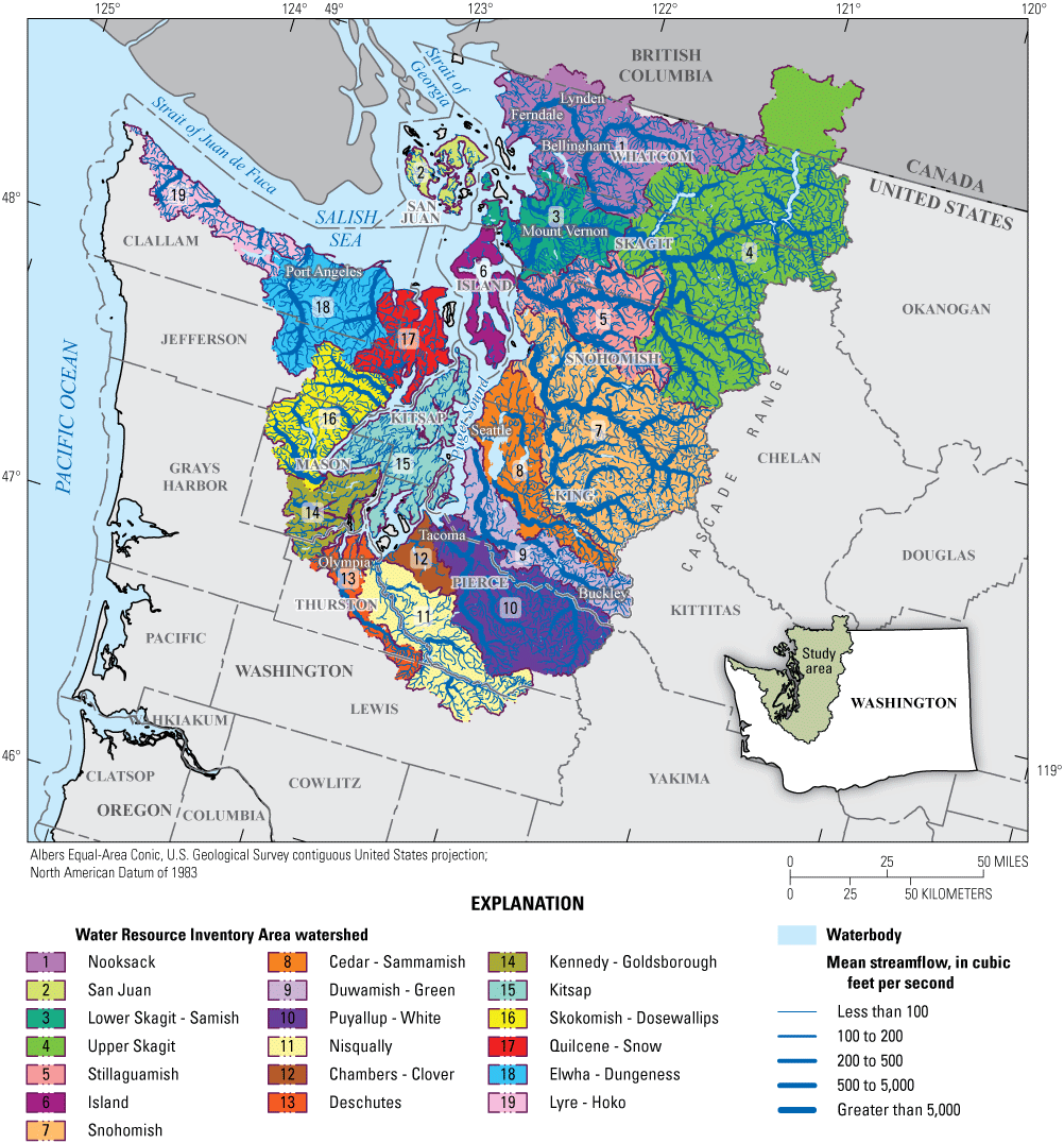 Primary watersheds with their rivers and waterbodies in Washington State that drain
                        into waters of the Salish Sea and define the Puget Sound region modeling domain.