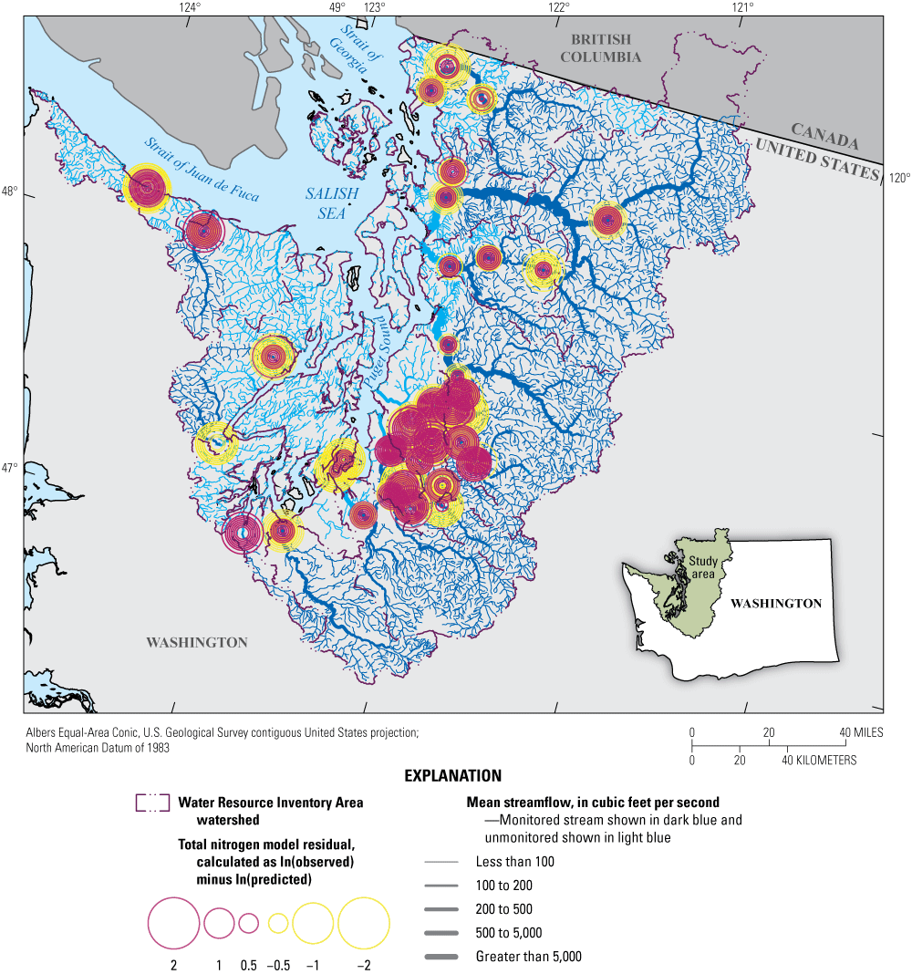 Map of total nitrogen model residuals indicates acceptable ranges of over- or under-predicted
               loads throughout the Puget Sound region.