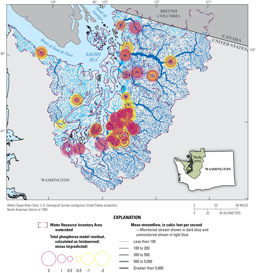 Map of total phosphorus model residuals indicates acceptable ranges of over- or under-predicted
               loads throughout the Puget Sound region.