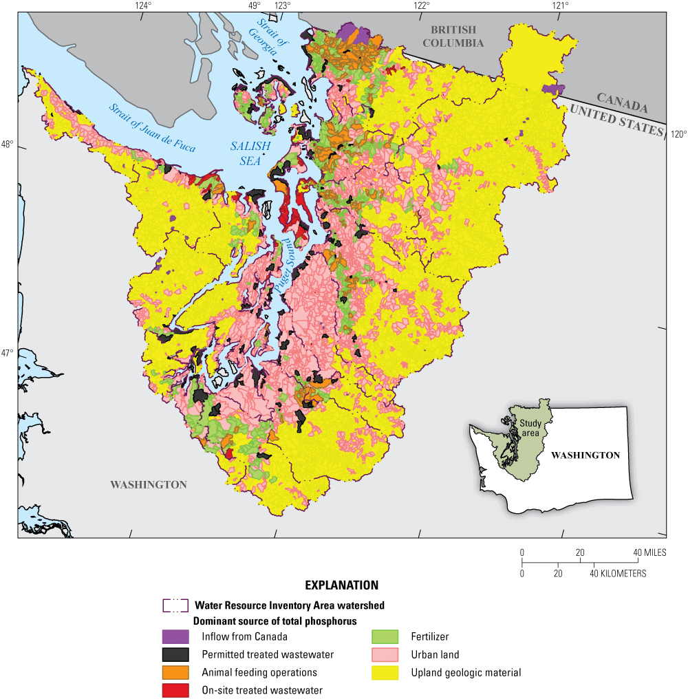 Repeated map of dominant total phosphorus sources excluding storage lag throughout
               the Puget Sound region to better indicate human-driven sources near