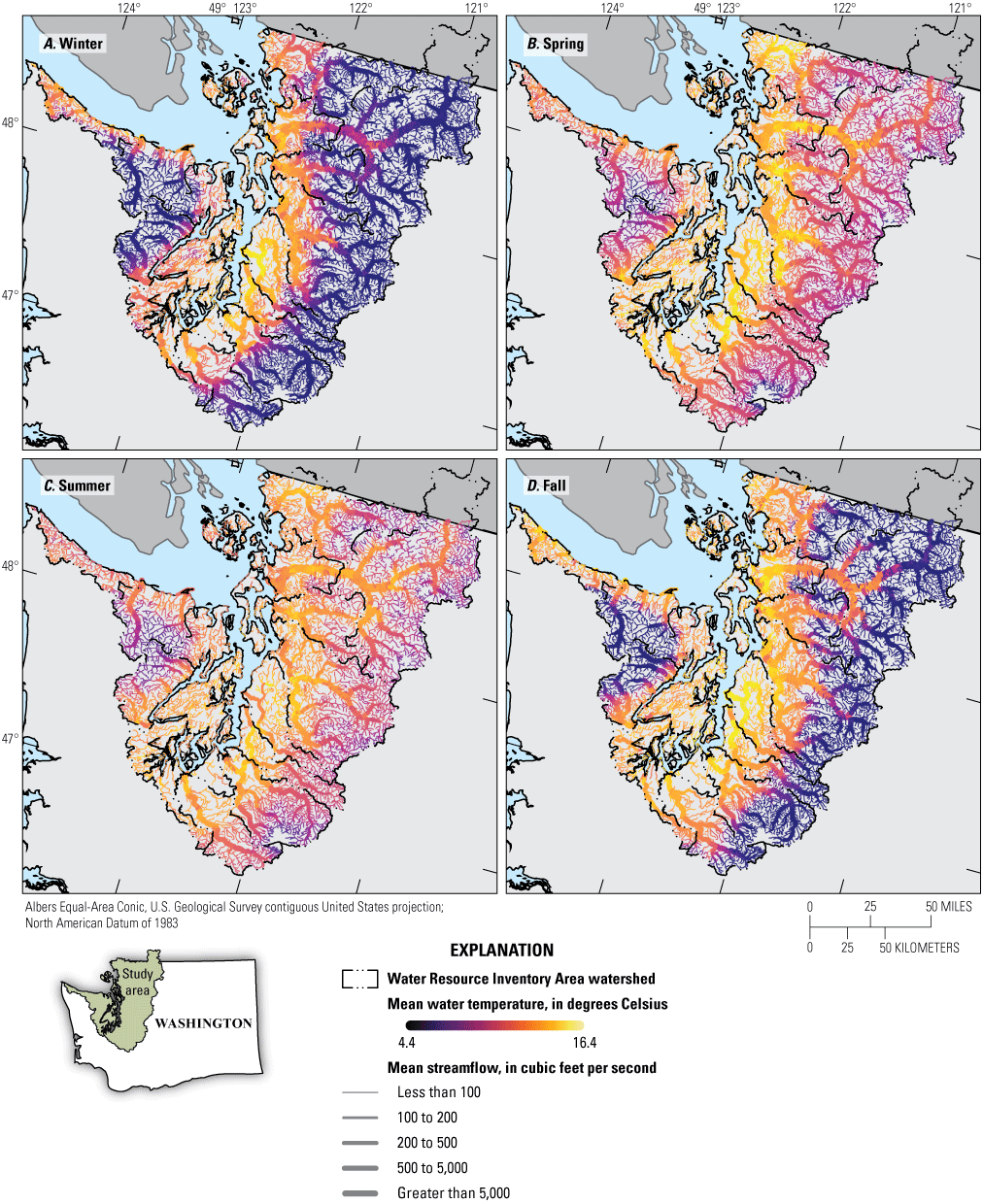 Map of rivers within the Puget Sound region with river thickness shown as seasonal
                              streamflow and color as water temperature that indicates warmer temperature in summer
                              and higher streamflow in winter.