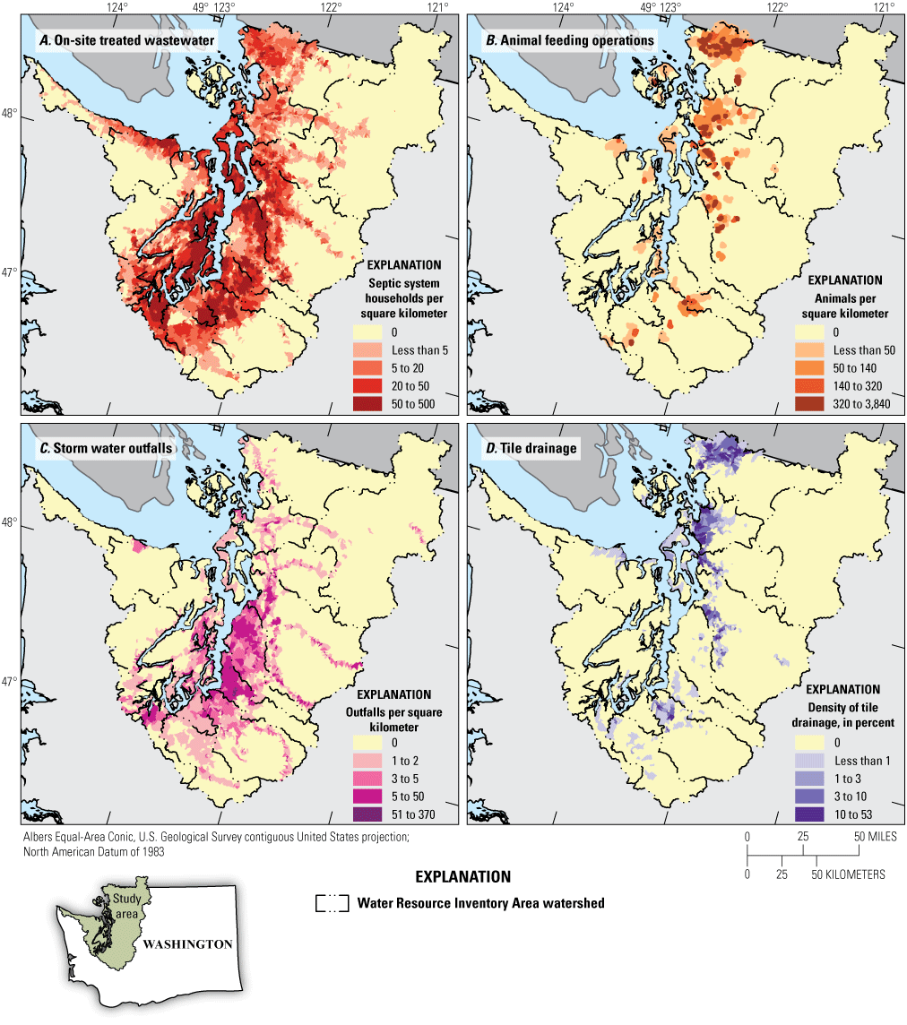 Maps showing the highest densities of septic systems, dairy operations, storm water
                           outfalls, and tile drainages in farm fields throughout the Puget Sound region.