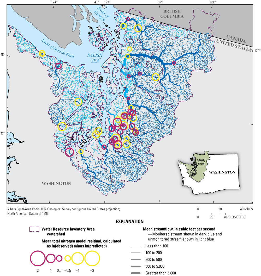 Locations of observed total nitrogen loads in rivers and whether the model generally
                        over- or underpredicted loads through the Puget Sound region.