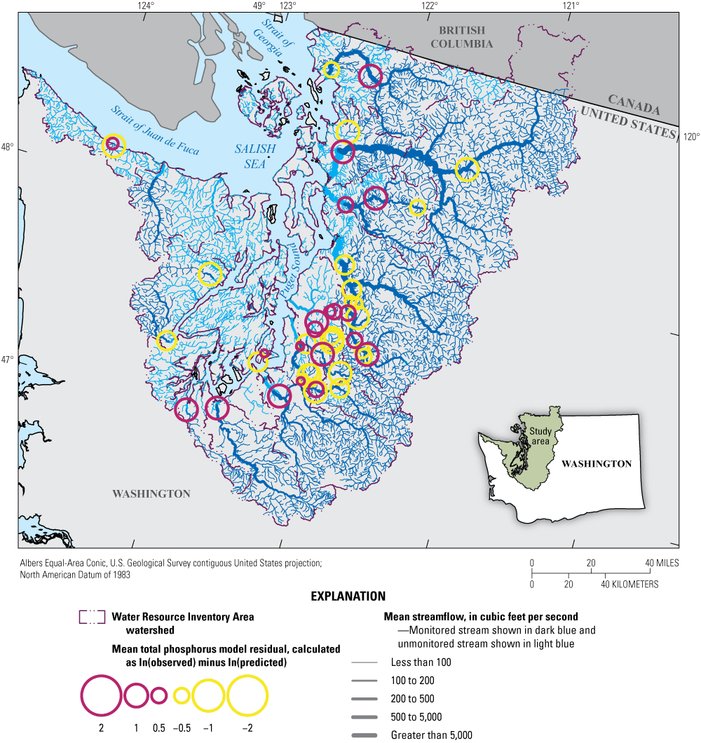 Locations of observed total phosphorus loads in rivers and whether the model generally
                        over or underpredicted loads through the Puget Sound region.