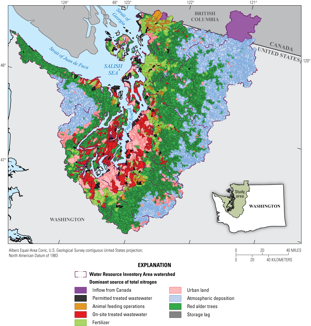 Map of dominant total nitrogen sources throughout the Puget Sound region indicates
                        a shift from natural to human-driven moving from headwaters to larger rivers.