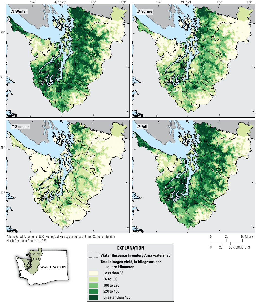 Four maps, one for each season, showing that the yield of total nitrogen from each
                        individual reach catchment was highest in winter and fall.