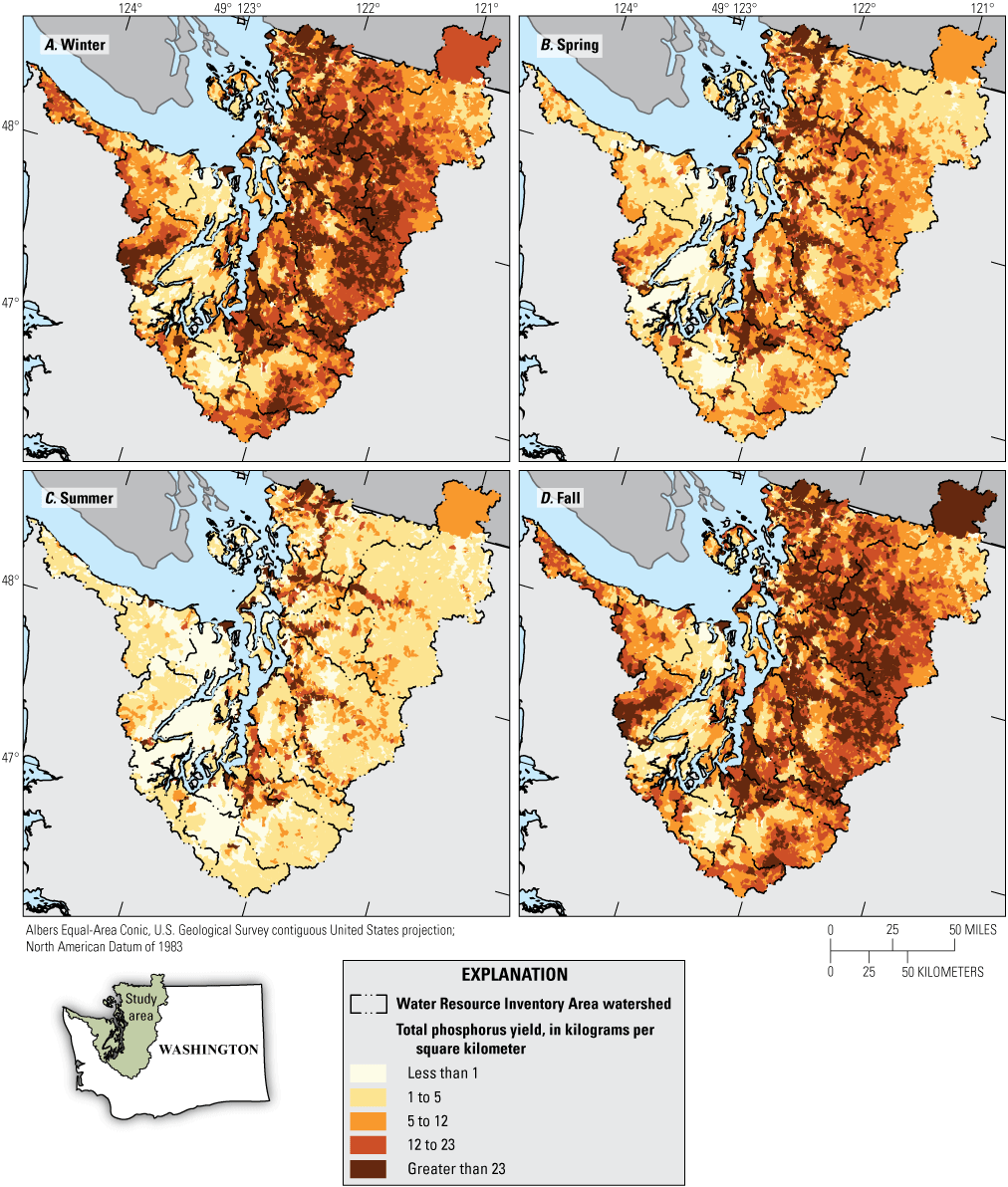 Four maps, one for each season, showing that the yield of total phosphorus from each
                        individual reach catchment was highest in winter and fall.