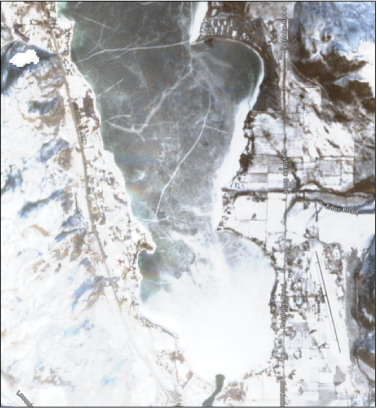Osoyoos Lake and surrounding land features are shown. Snow and ice are present.
