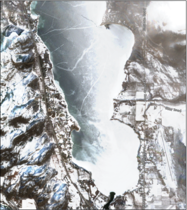 Osoyoos Lake and surrounding land features are shown. Snow and ice are present.