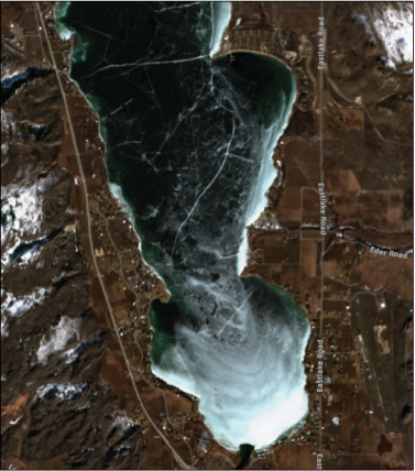 Osoyoos Lake and surrounding land features are shown. Ice is visible at the southern
                  end of the lake.