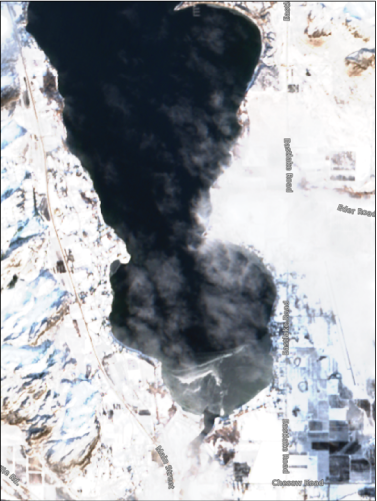 Osoyoos Lake and surrounding land features are shown. Snow and ice are present.