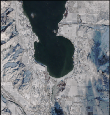 Osoyoos Lake and surrounding land features are shown. Snow and ice are present.
