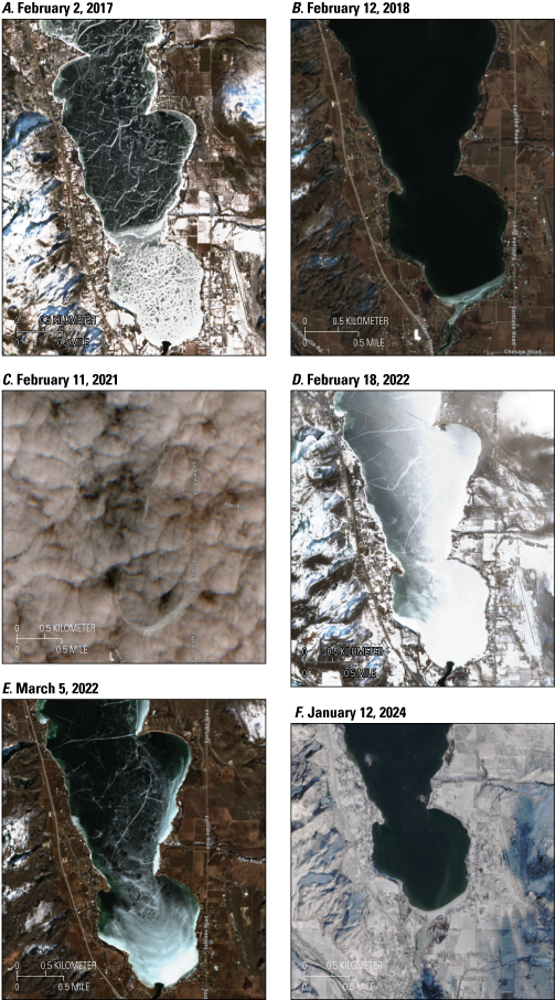 Various levels of lake freeze and ice accumulations are shown.