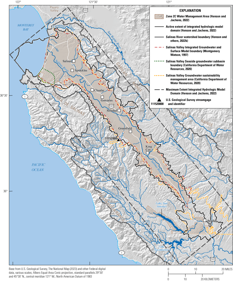 2.	The active model domain follows the Salinas River and spans groundwater management
                        areas and subbasins.