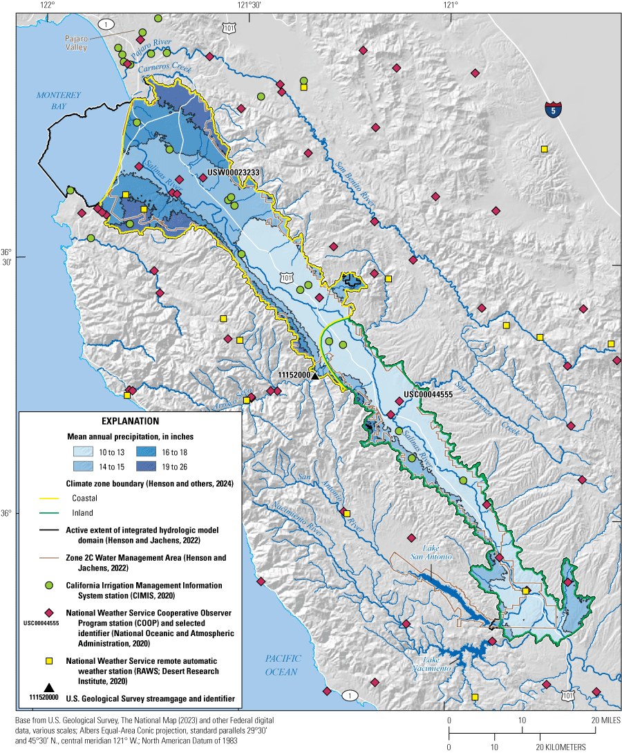3.	Precipitation in the active model domain is generally higher in adjacent mountain
                        ranges and the coastal area with lower values in the central and upper valley.