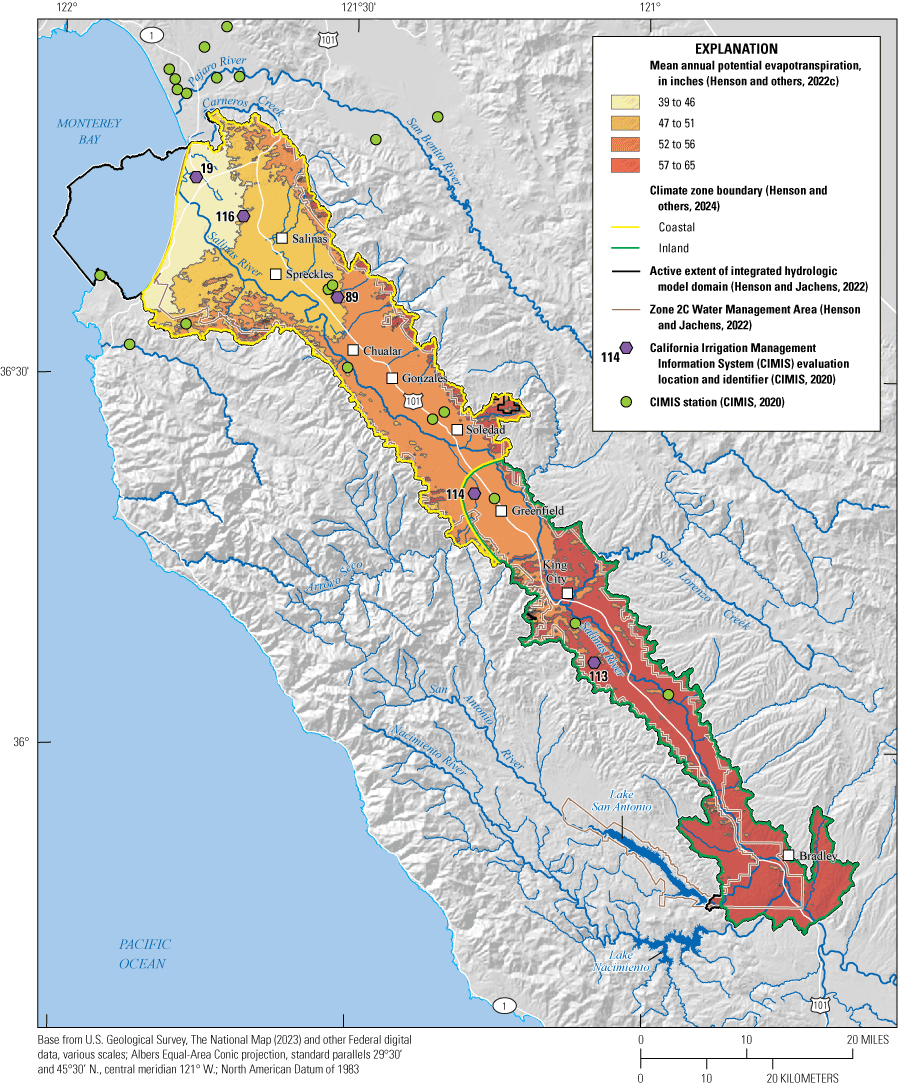5. Potential evapotranspiration in the active model domain is generally higher in
                        the upper valley and decreases toward the coast.