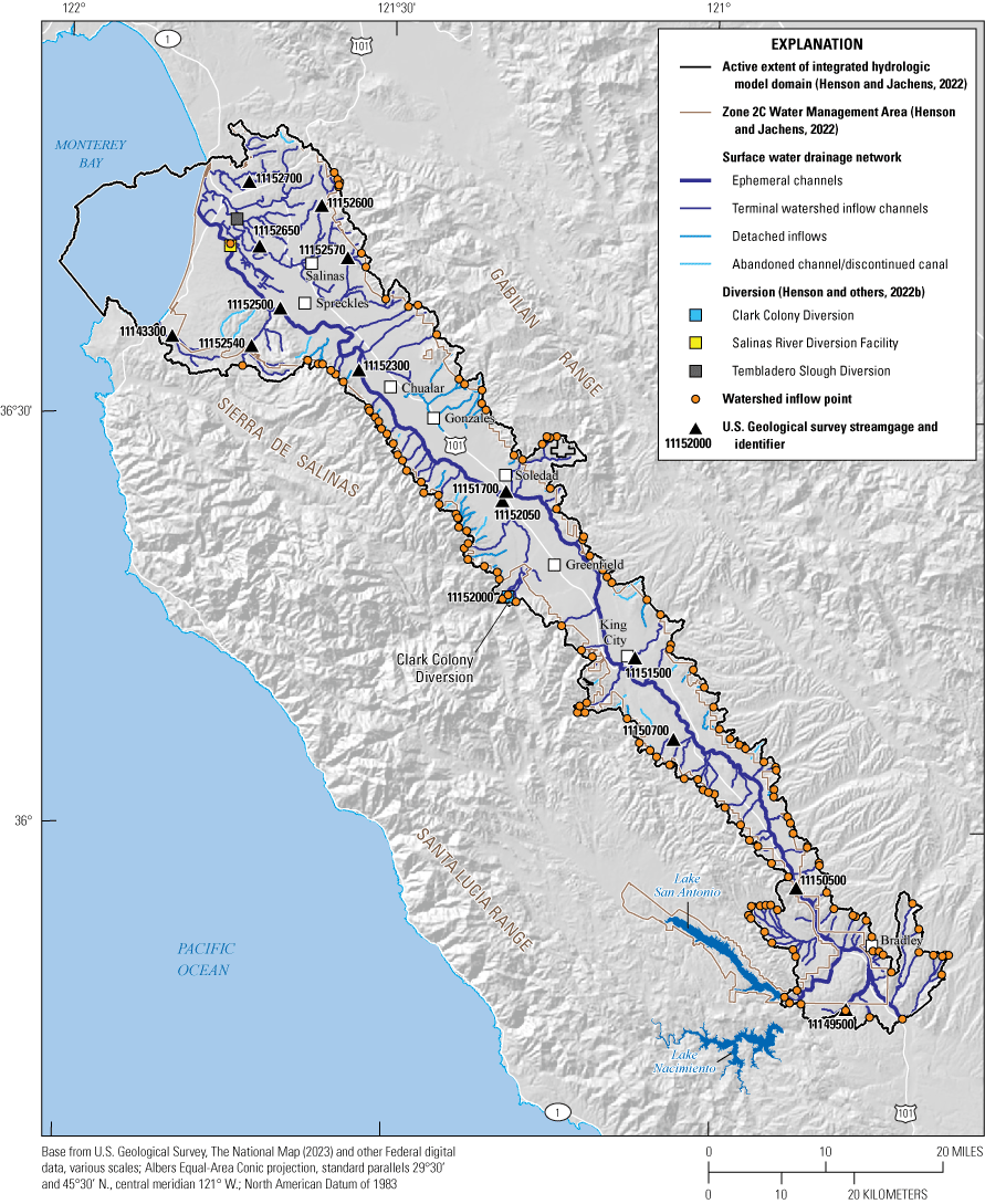 20. Ephemeral watershed and tributary inflow channels tend to orient from the valley
                              edges toward the Salinas River that extends from the upper valley to the coast.
