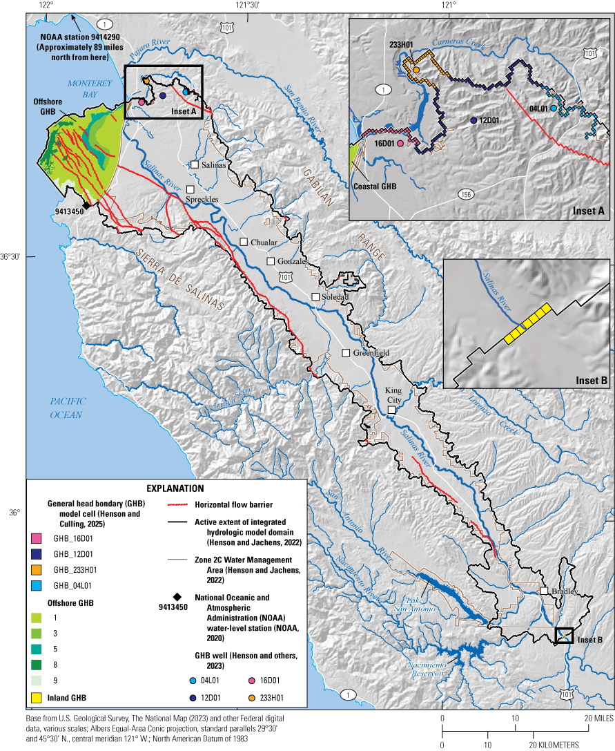25. The location of the general head boundary (GHB): Offshore, coastal in the north,
                              and inland at uppermost point of the Salinas River.