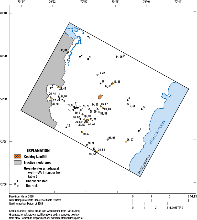 About 45 points representing 98 Groundwater withdrawal wells in the bedrock and surficial
aquifer are scattered around the model area, with most in the southern half.