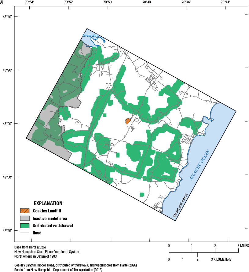 Distributed withdrawals and returns are shown primarily along roads in the model area.