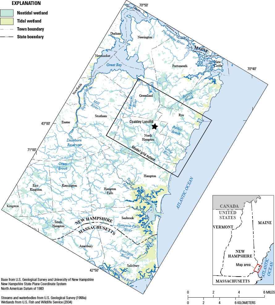 The model area is on the coast of southeast New Hampshire. The landfill is in North
Hampton. About 10% of the model area is wetlands. The Winnicut River runs along the
western edge of the model area.