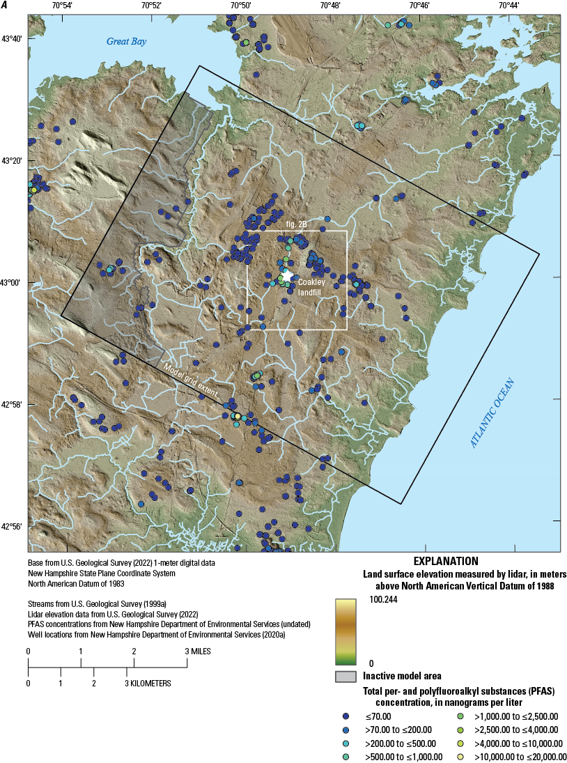The landfill is on an upland between the Atlantic Ocean and Great Bay. PFAS concentrations
are relatively high around the landfill to the north and west, but relatively low
to the east and south.