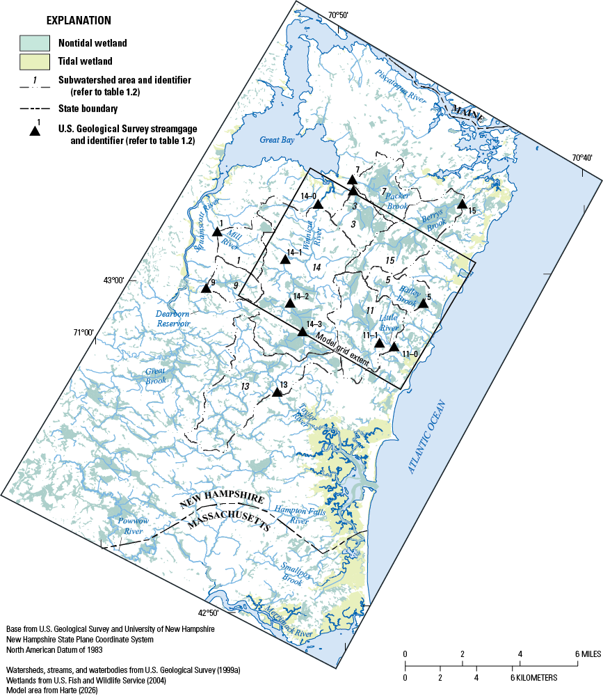 The model area contains five subwatershed areas. Two subwatershed areas, the Winnicut
River and Packer Brook, drain north to Great Bay. The Little River, Bailey Brook,
and Berrys Brook subwatershed areas drain southeast to the Atlantic Ocean.