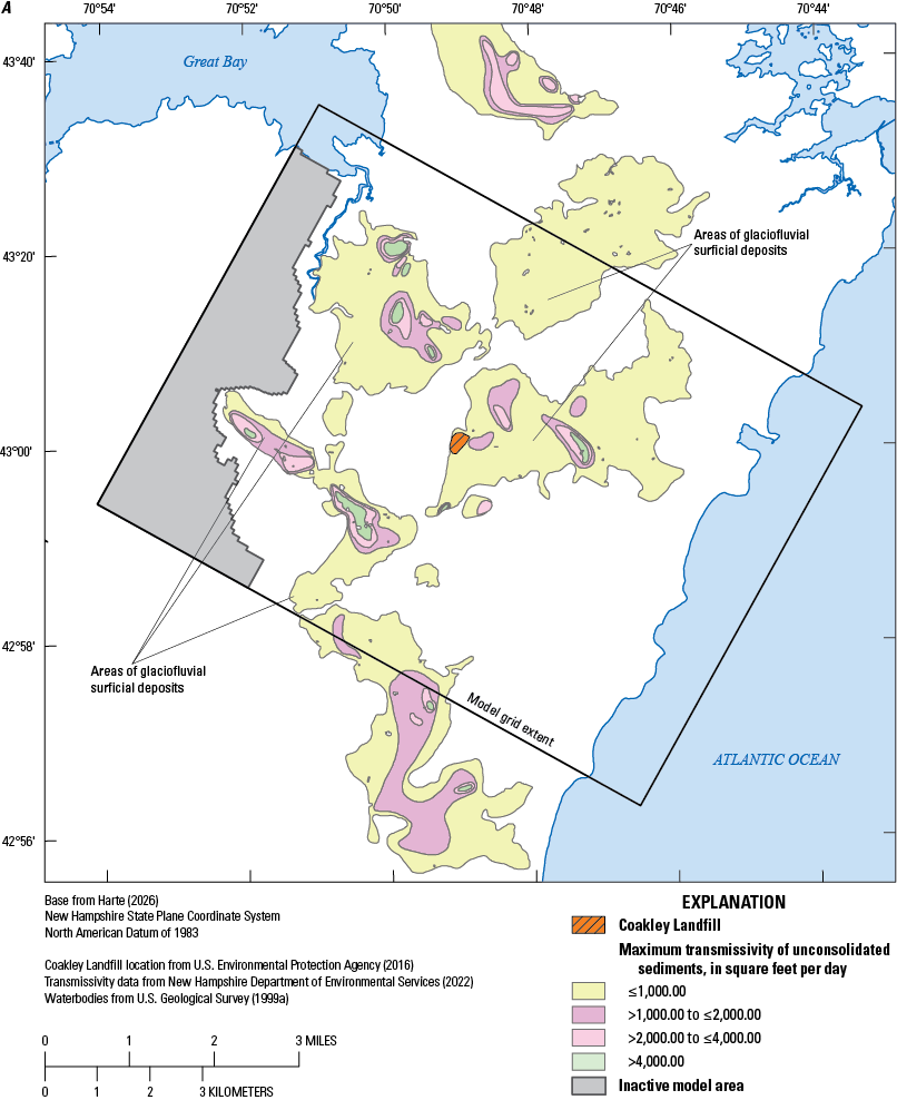 A, about 40% of the model area, including at the landfill location, is covered by
transmissive glaciofluvial sediments. The remainder is covered by less transmissive
sediments that are not symbolized on the map, including till, glaciomarine clay, and
wetland deposits. B, a fault contact west of the landfill separates metasedimentary
rocks of the Kittery Formation in the northwest part of the model area from the metamorphic
rocks of the Rye Complex in the southeast part. Part of the mapped Breakfast Hill
granite underlies the eastern edge of the landfill and its full area extends a short
distance to the northeast and southwest.
