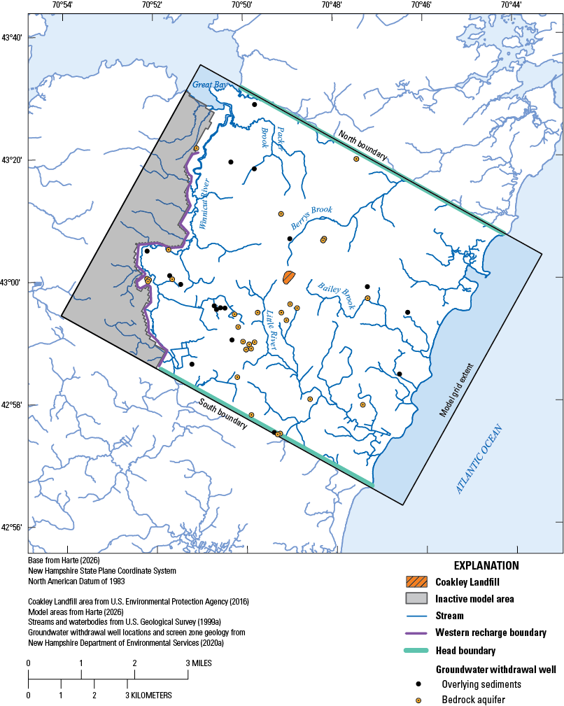 About 45 points representing 98 wells in the surficial and bedrock aquifer are scattered
around the model area, with clusters of wells southwest and west-southwest of the
landfill. Most of the model area west of the Winnicut River is designated as inactive
in the model.