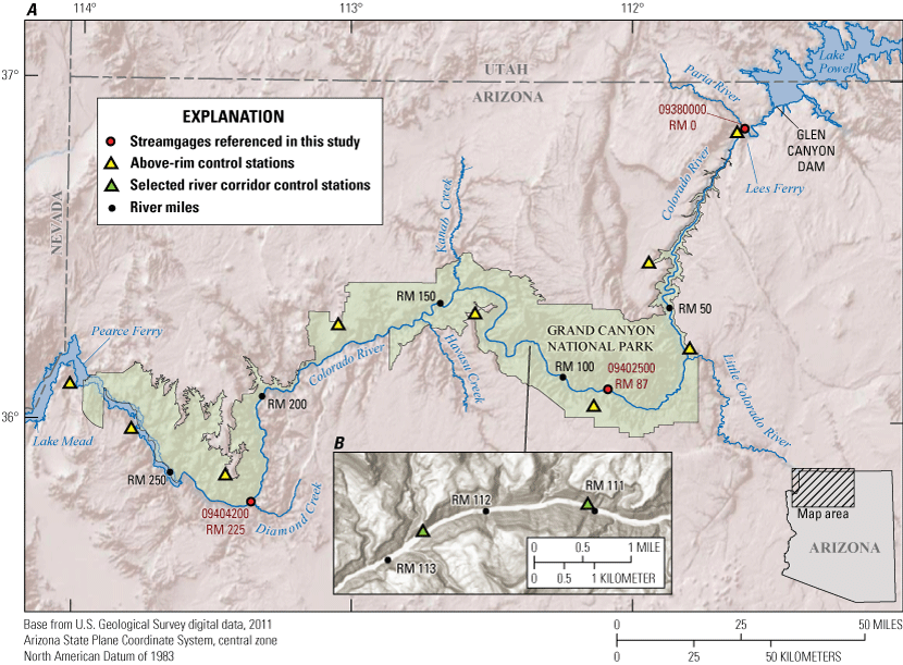 Alt text: Global navigation satellite system base stations are located on the rim
of the Grand Canyon, spaced out through the river corridor.