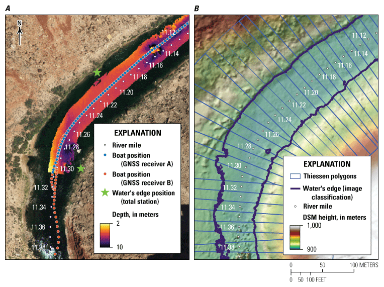 Alt text: Global navigation satellite system and riverbed measurements were taken
from the research vessel, total station measurements were taken from the shore, aerial
images and the digital surface model were collected from an aircraft, and the water’s
edge boundary was classified from overflight imagery.