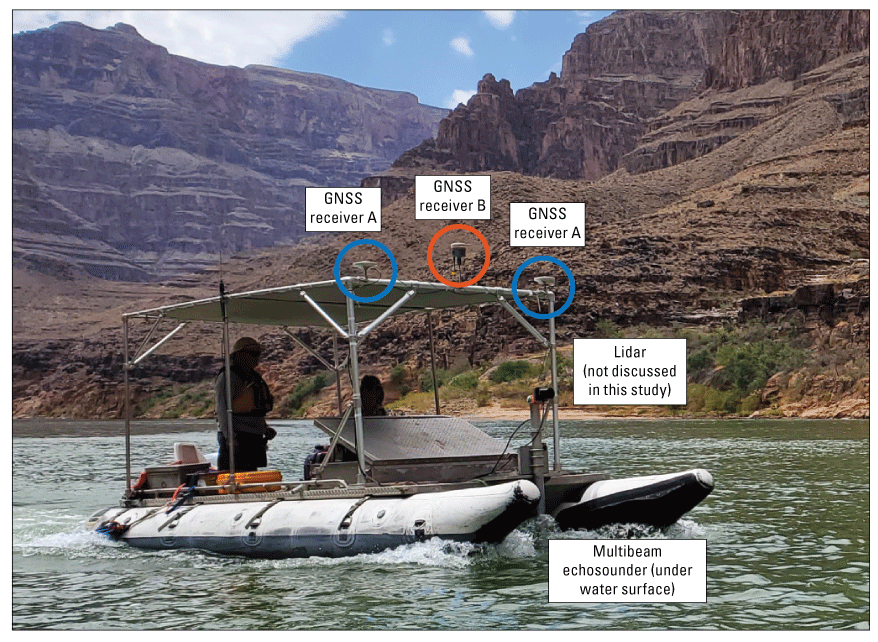 Alt text: the boat-based surveying equipment was attached to the frame and canopy
of the vessel.