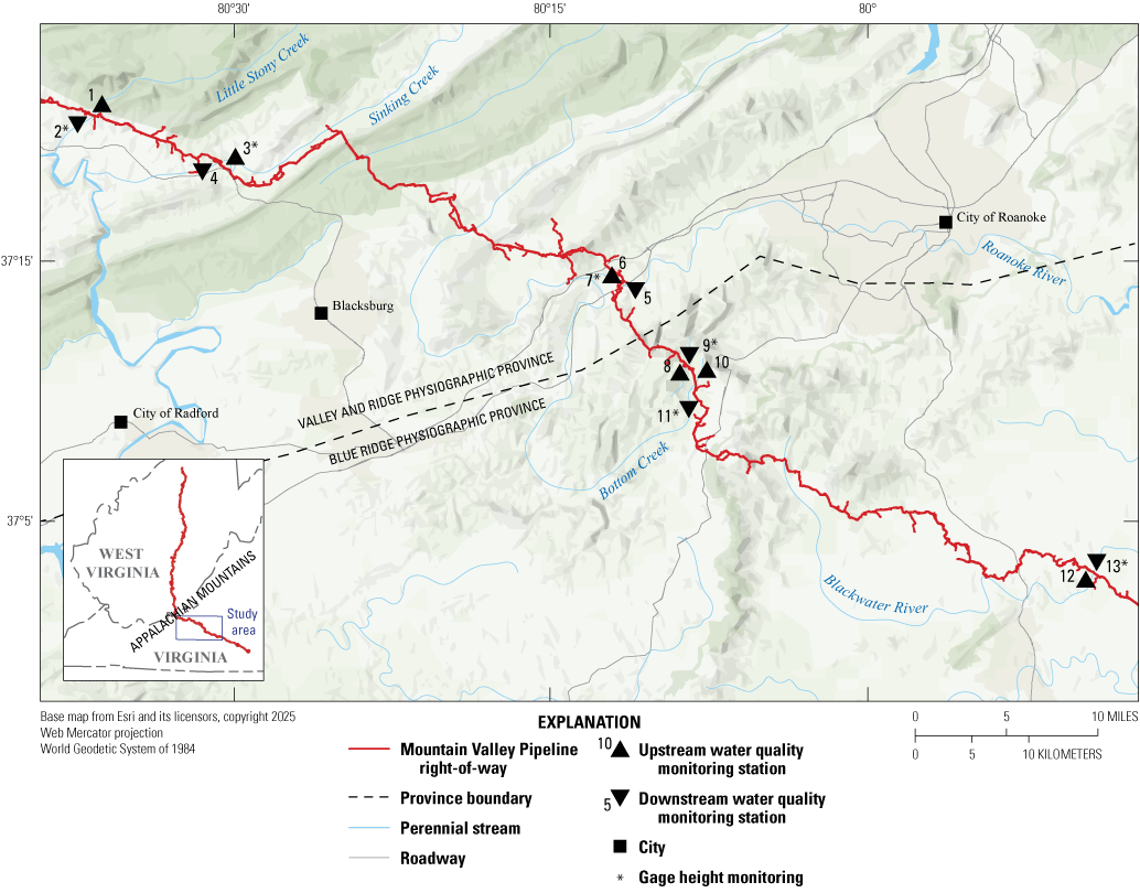 The Mountain Valley Pipeline traverses from northwest to southeast and across varying
topography.