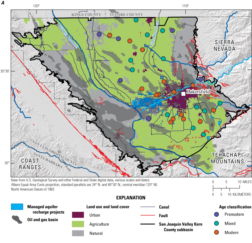 6.	Map of Kern County subbasin with sampled domestic well locations and explanatory
                           variables depicted by color.