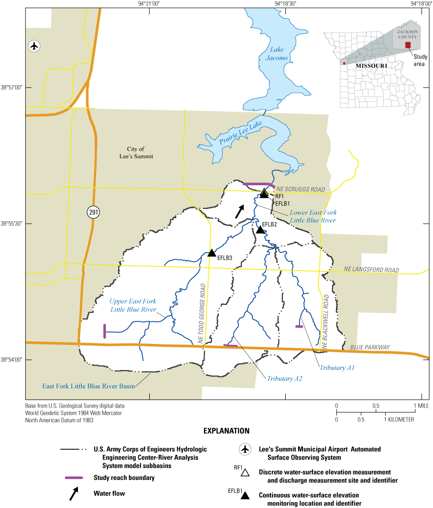 The East Fork Little Blue River Basin and main stem are in the southwestern part of
                     the City of Lee’s Summit, south of Lake Jacomo and Prairie Lee Lake. The discrete
                     water-surface elevation measurement and discharge measurement site and three continuous
                     water-surface elevation monitoring location sites are in the northern part of the
                     basin.