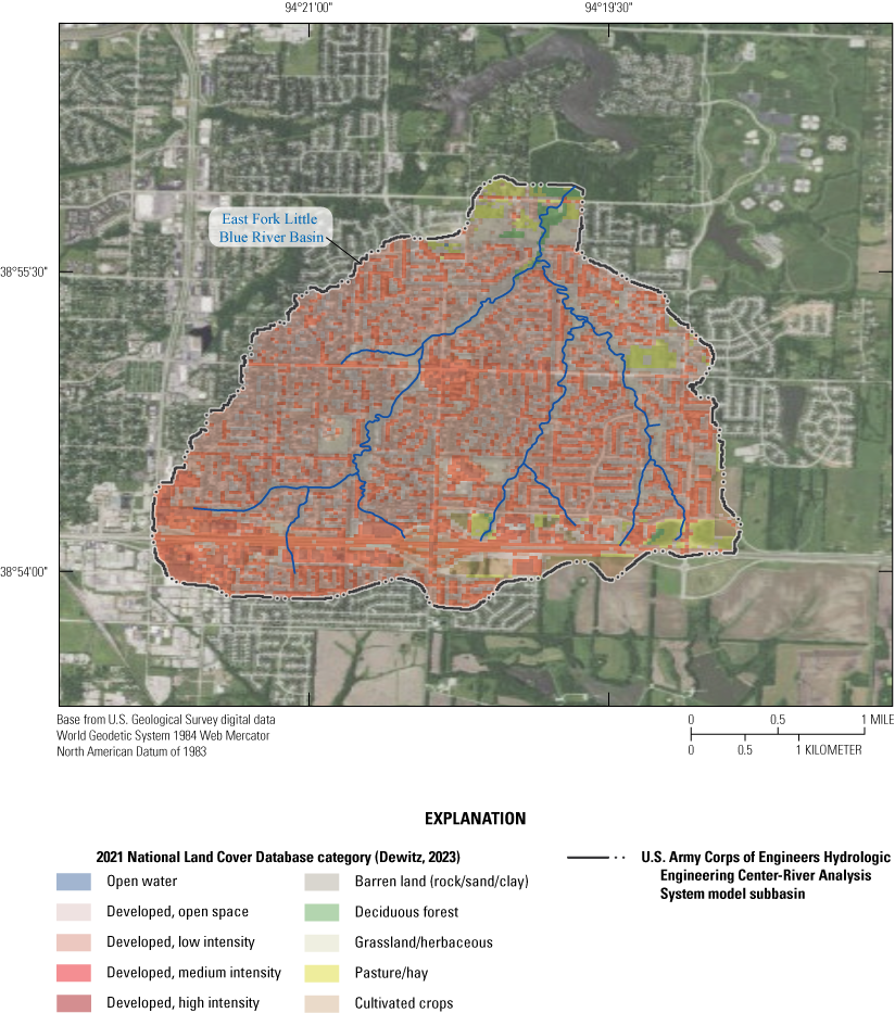The most prevalent types of land cover in the study basin are developed (low, medium,
                        and high intensity) based on the National Land Cover Database land-cover types.