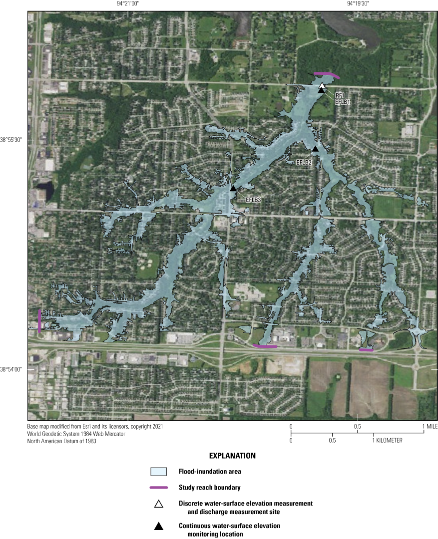 The inundation extents at the reference location are mostly along waterbodies.