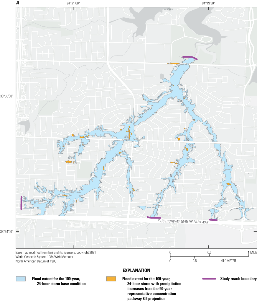The inundation extents are in the southern part of the map area for the 24-hour storm
                           projection and in the northern part of the map area for the 6-hour storm projection.