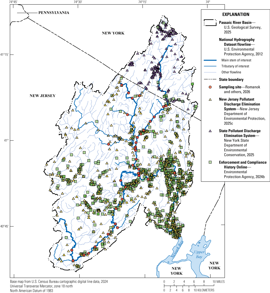 Potential sources are largely concentrated at or just upstream from the Newark Bay,
                        but they can be found throughout the basin.