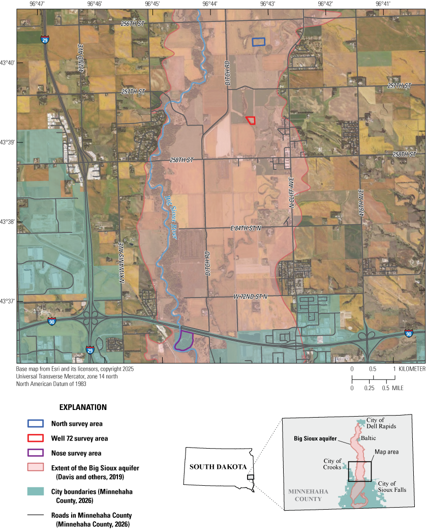 Map shows the extent of the Big Sioux aquifer, which stretches from the City of Sioux
Falls in the south to the City of Dell Rapids in the north.