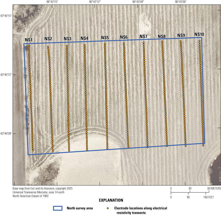 Transects are parallel, running north to south in a field.