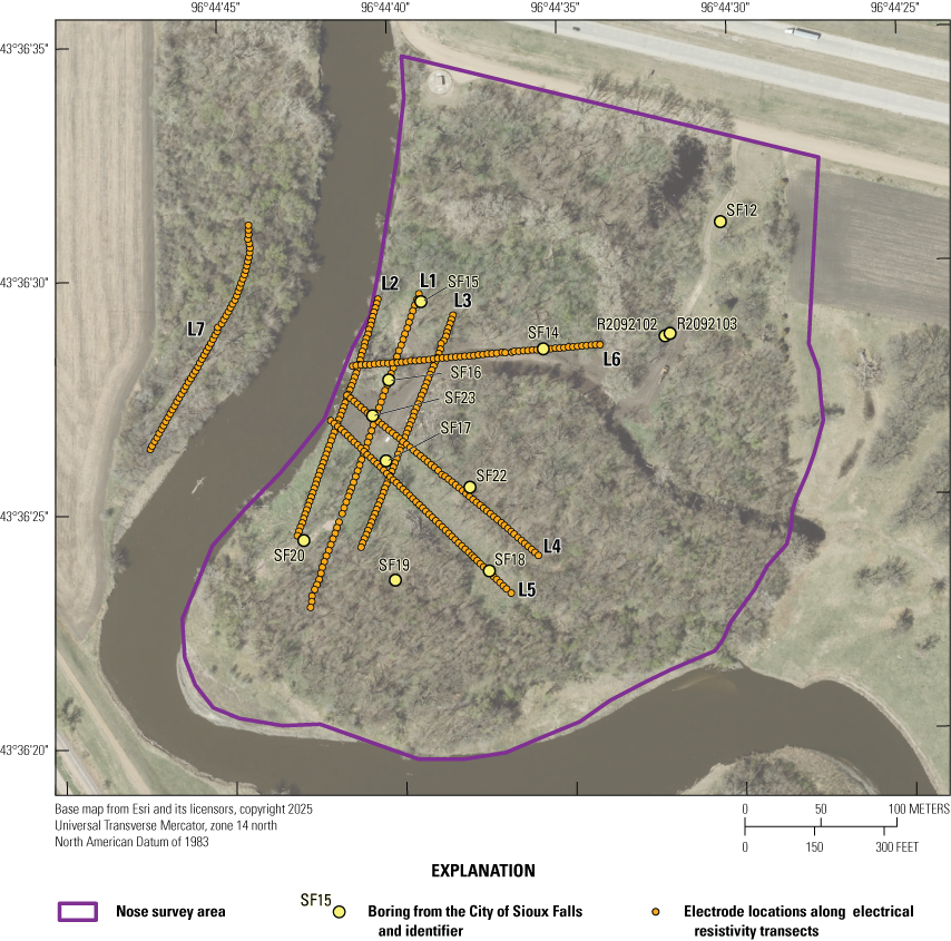 Transects L1–L6 were completed on the eastern side of the Big Sioux River, and transect
L7 was completed on the western side of the river. Transects L1–L3 and L7 are almost
parallel, running north-northeast to south-southwest. Transects L4–L6 cross over transects
L1–L3.